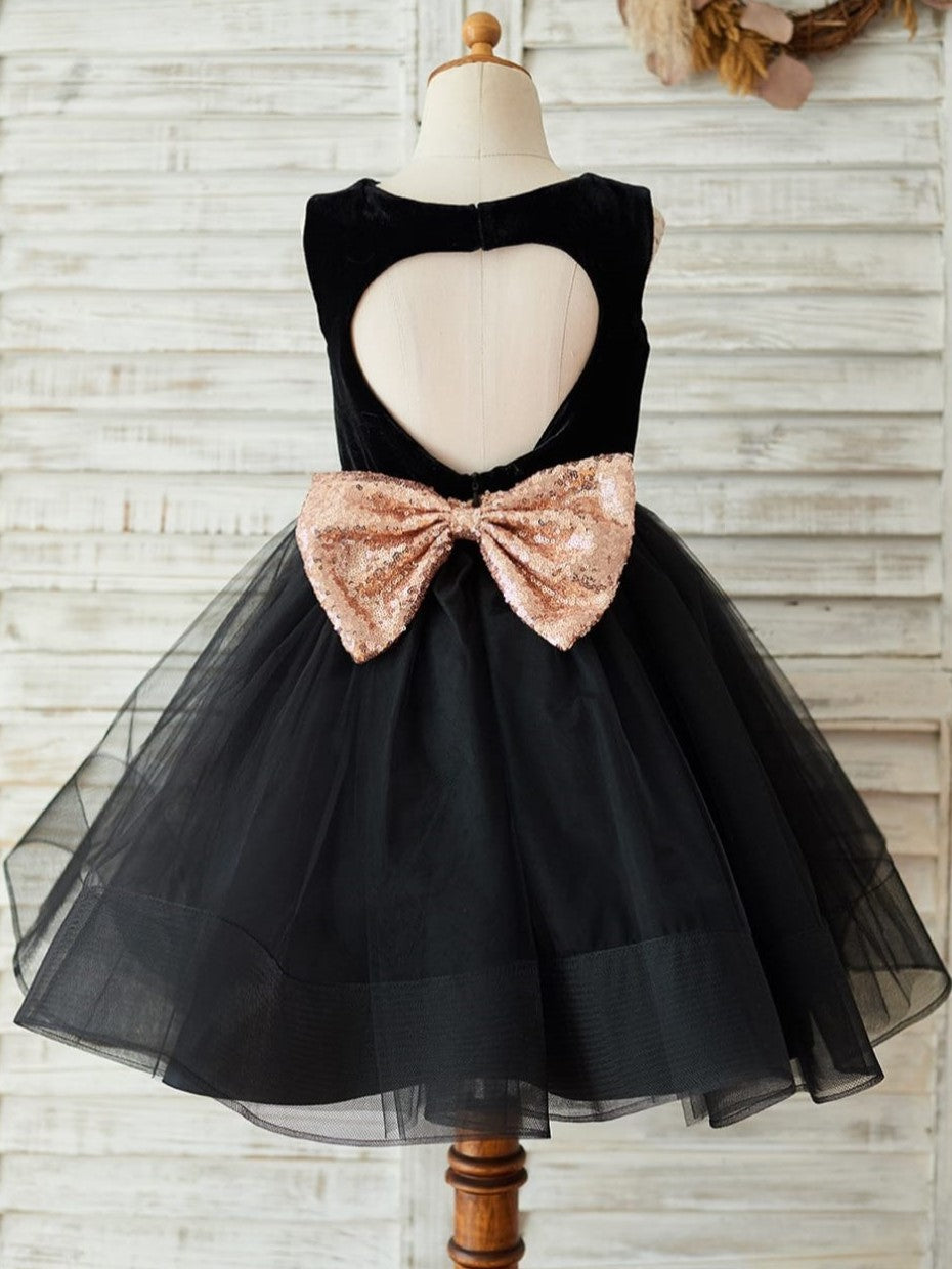 Black Velvet Heart-Shaped Back Sequin Bow Knee-length Dress