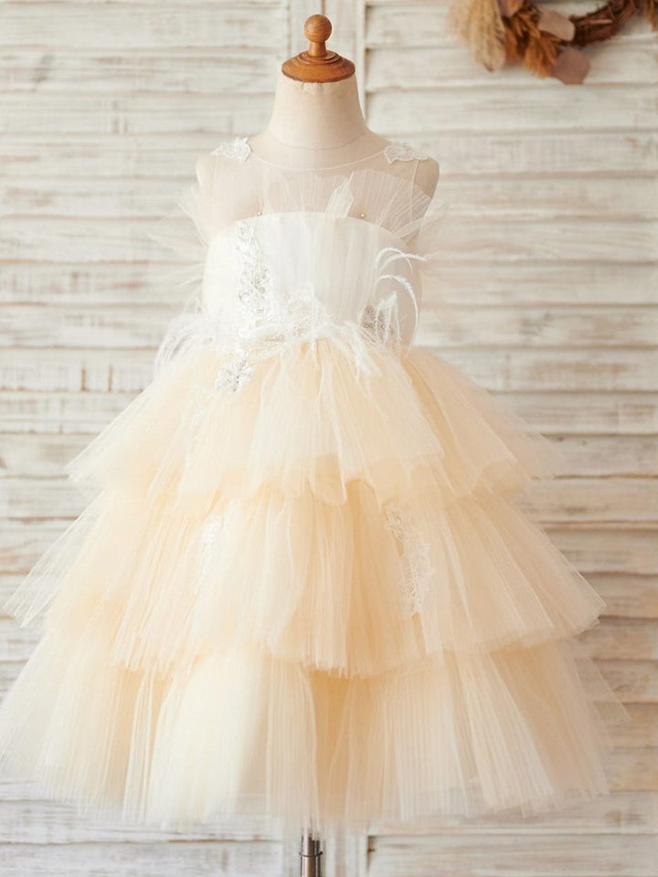 Satin Tulle Knee-length Champagne Flower Girl Dress