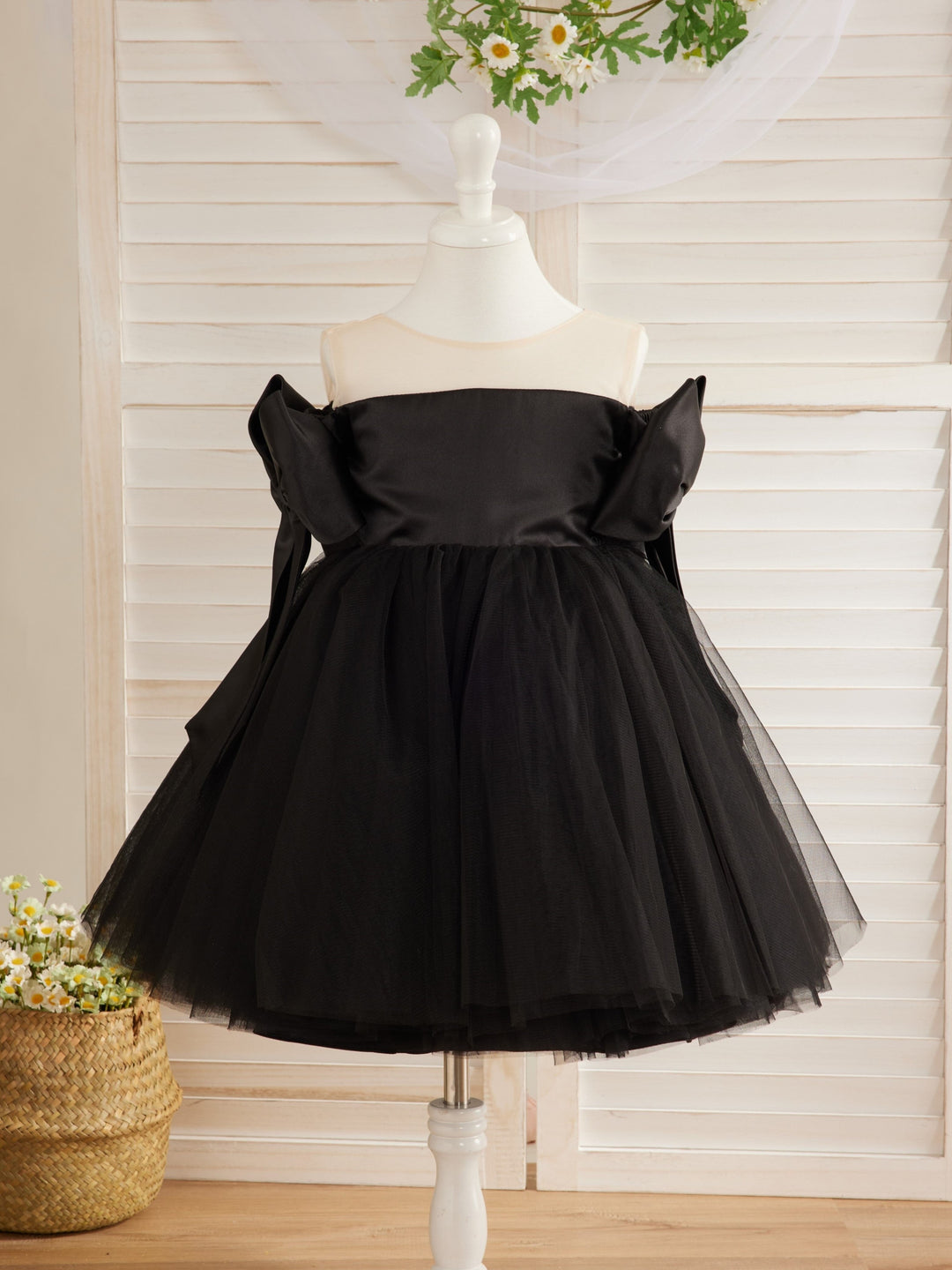 Off-Shoulder Knee-length Black Tulle Baby Girl Dress