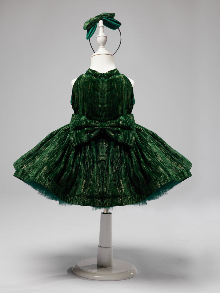 Velvet Knee-length Green Birthday Holiday Baby Girl Dress