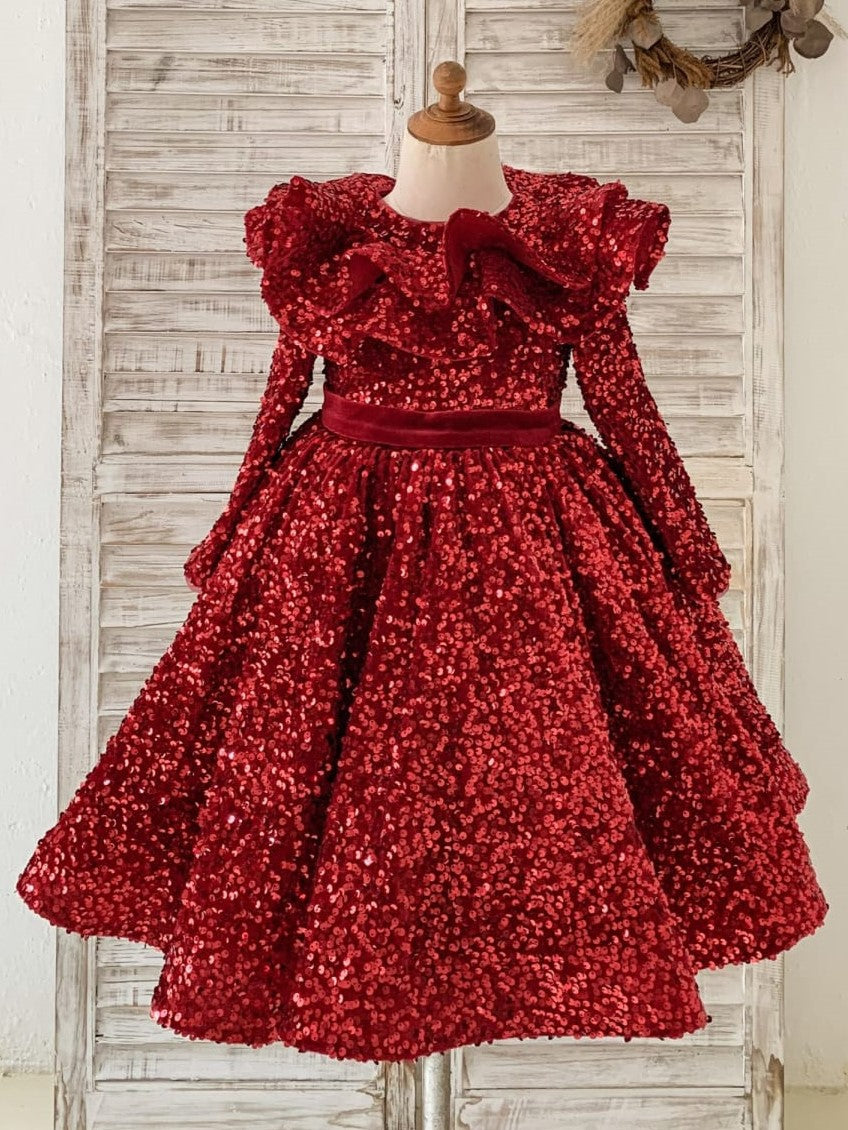 Sequins Velvet Knee-length Burgundy Girl Dress, 12M / Burgundy