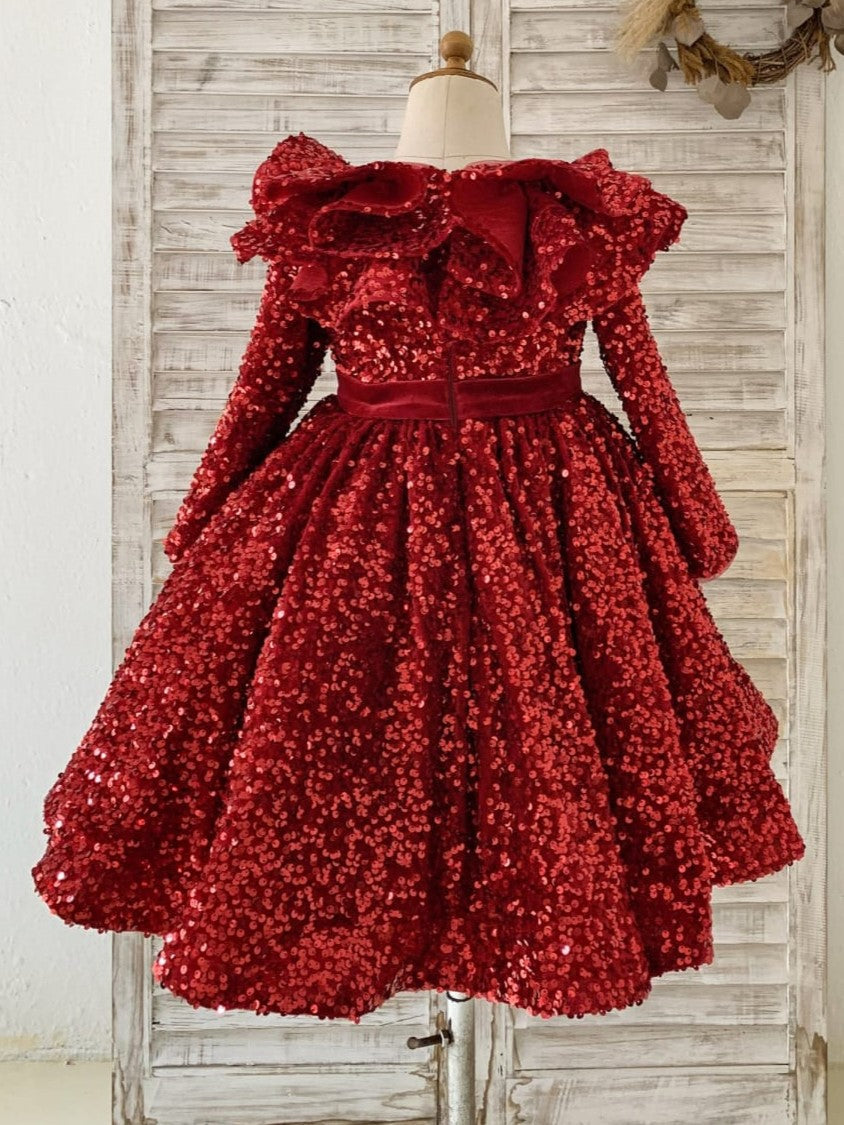 Sequins Velvet Knee-length Burgundy Girl Dress, 12M / Burgundy Sequins Velvet Knee-length Burgundy Girl Dress, 12M / Burgundy