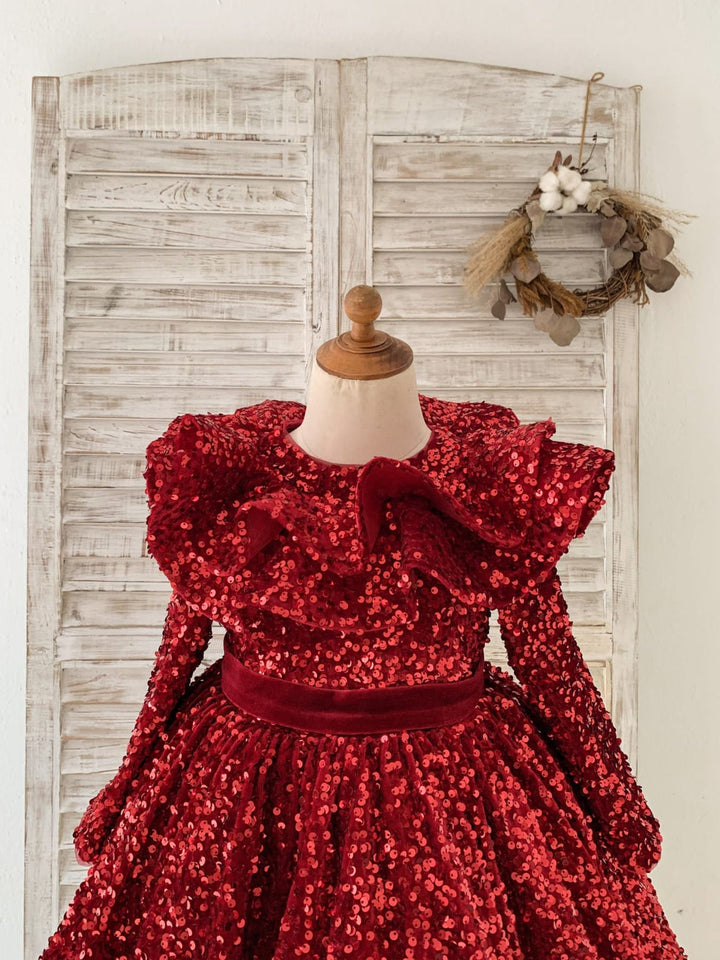 Sequins Velvet Knee-length Burgundy Girl Dress