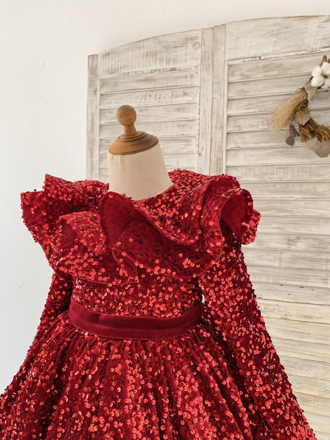 Sequins Velvet Knee-length Burgundy Girl Dress