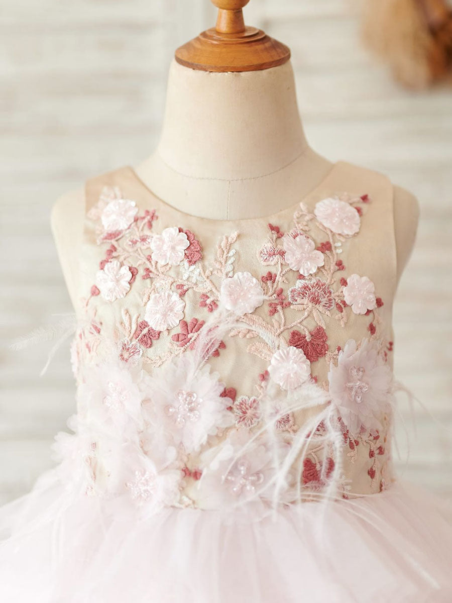 Ball-Gown/Princess Satin Tulle Knee-length Pink Flower Girl Dress