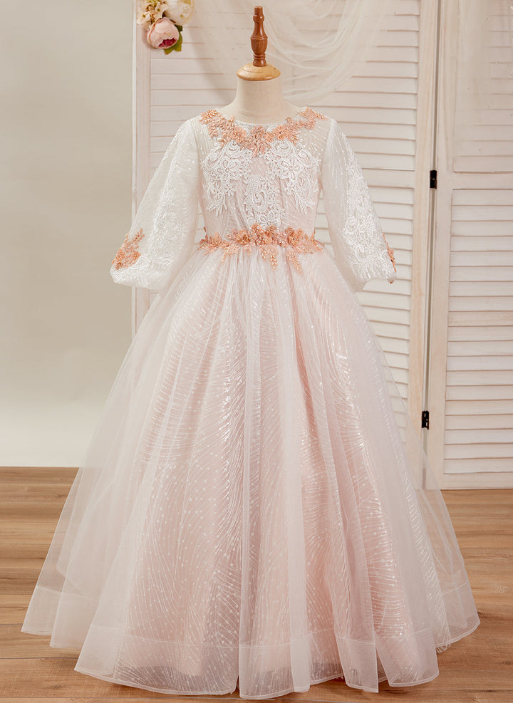 Ball-Gown/Princess Lace Tulle Floor-length Pink Dress