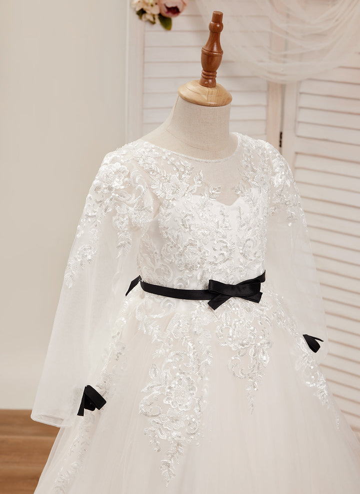 A-line Tulle Sweep Train Ivory First Communion Flower Girl Dress