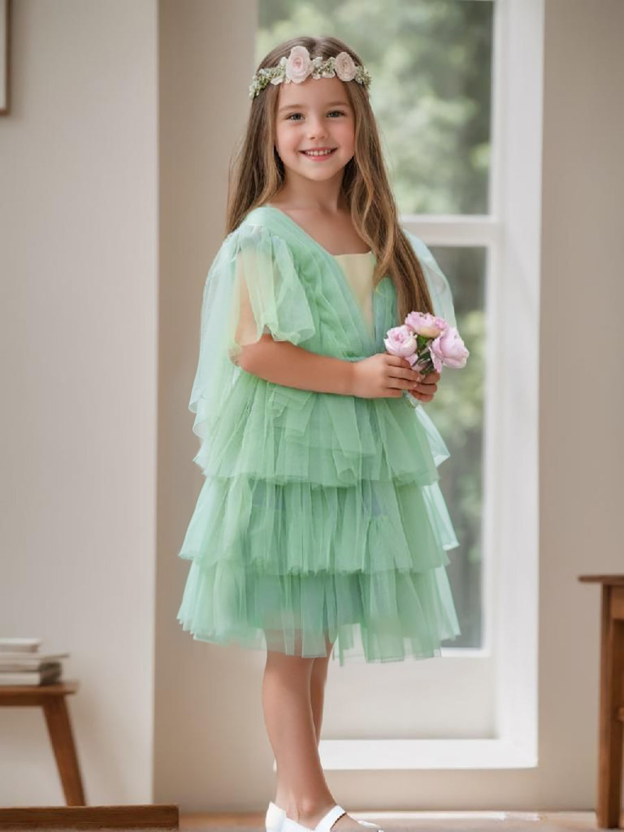 Enchanted Garden Fairy Elegant Tulle Green Flower Girl Dress, 6M / Sage