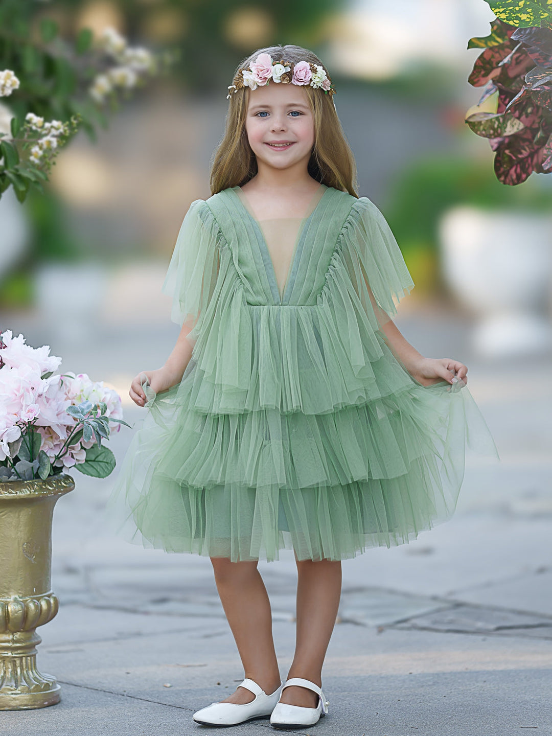Enchanted Garden Fairy Elegant Tulle Green Flower Girl Dress, 6M / Sage Enchanted Garden Fairy Elegant Tulle Green Flower Girl Dress, 6M / Sage