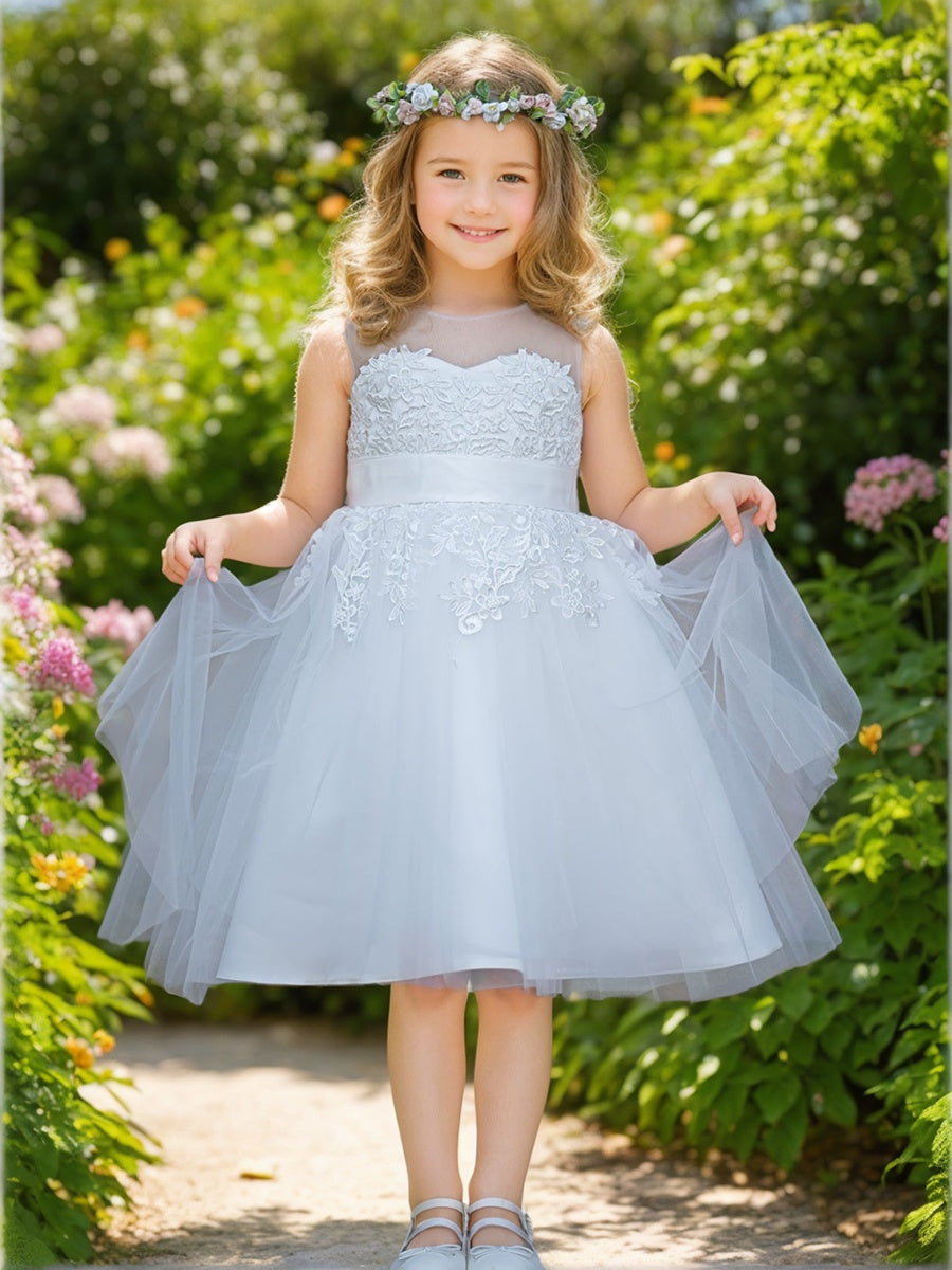 Lace Tulle Knee-length First Communion Flower Girl Dress, Custom Size / ivory