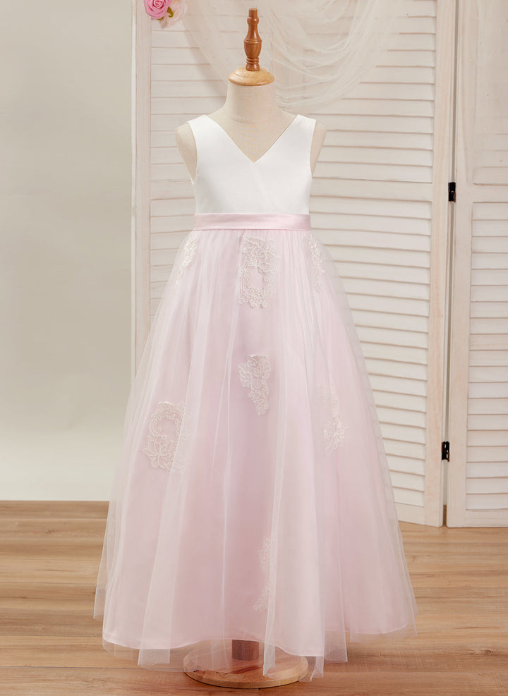 A-line Satin Tulle Ankle-length Pink Dress