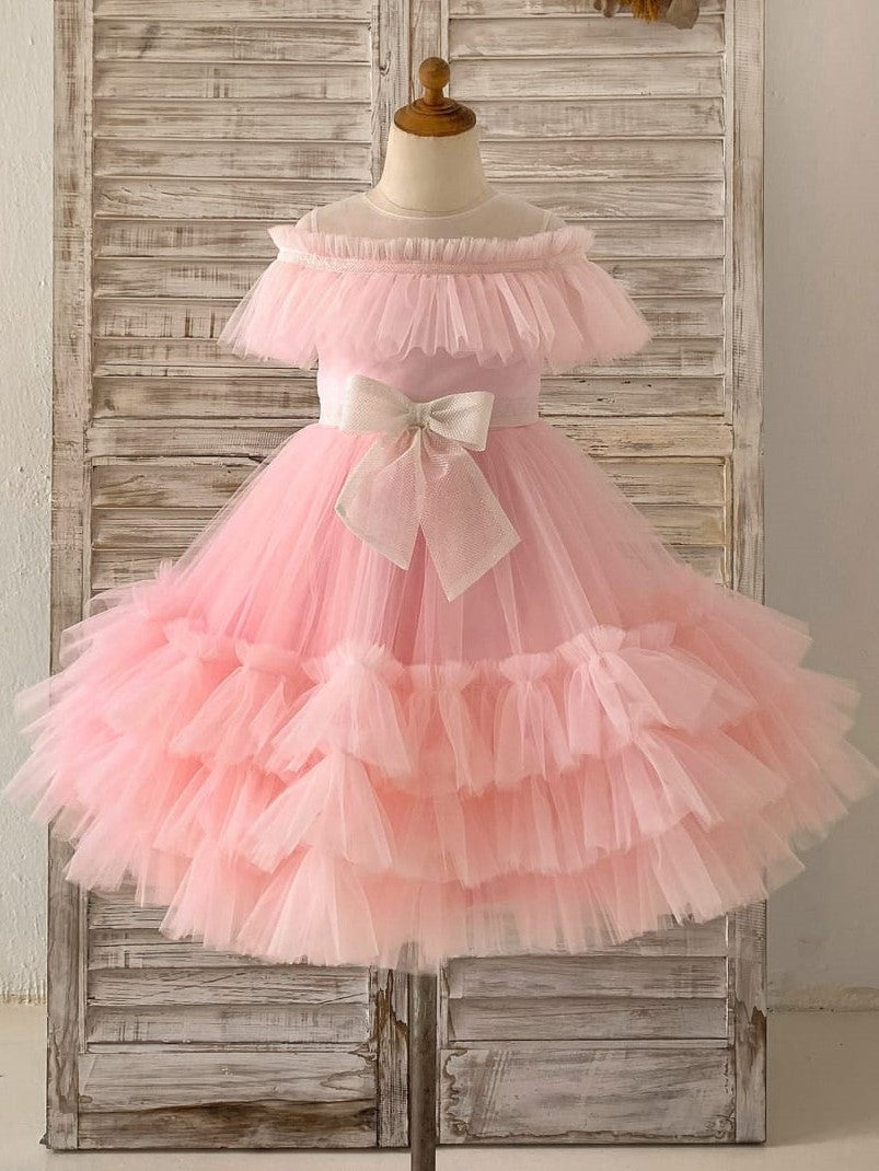 Tulle Knee-length Pink Girl's Party Dress, 12M / As Picture