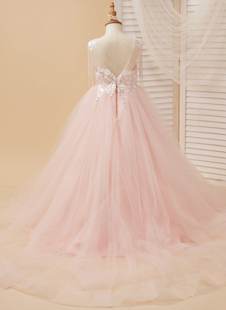 Ball-Gown/Princess Satin Tulle Floor-length Pink Flower Girl Dress