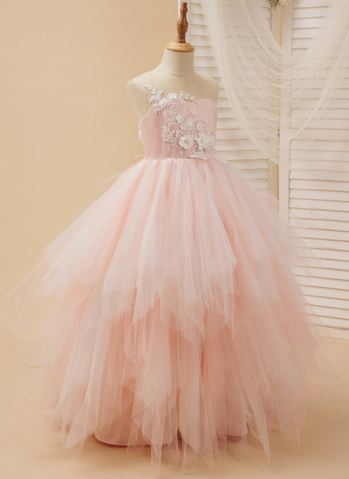 Ball-Gown/Princess Lace Tulle Floor-length Pink Dress