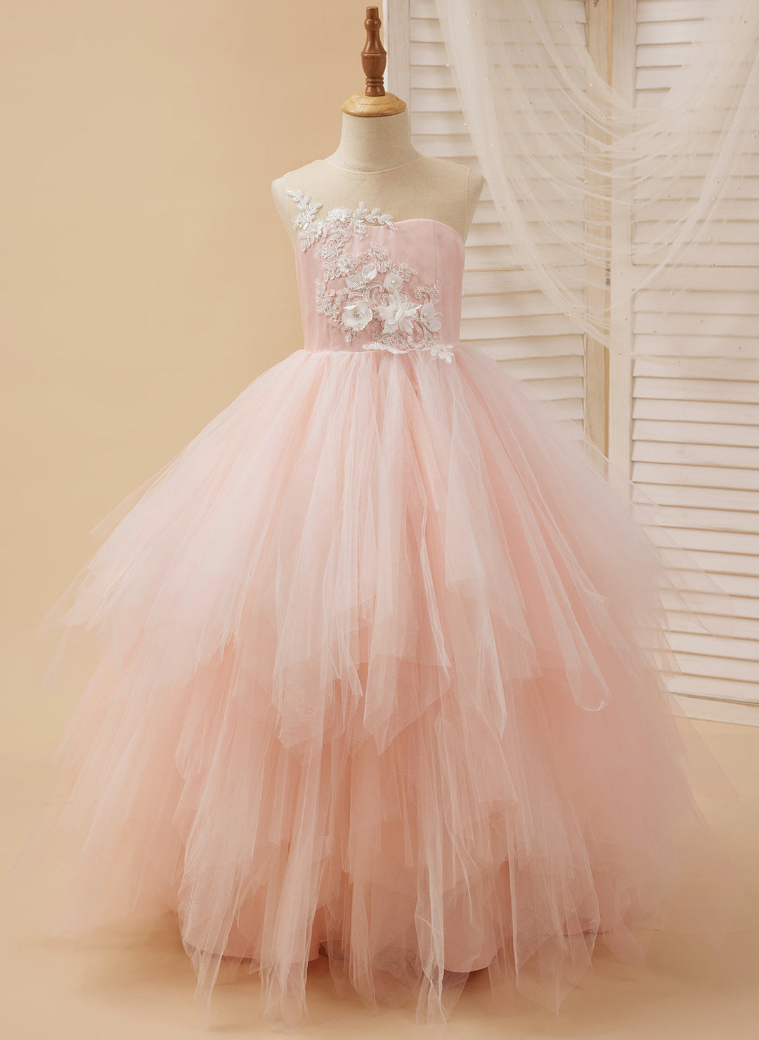 Ball-Gown/Princess Lace Tulle Floor-length Pink Dress