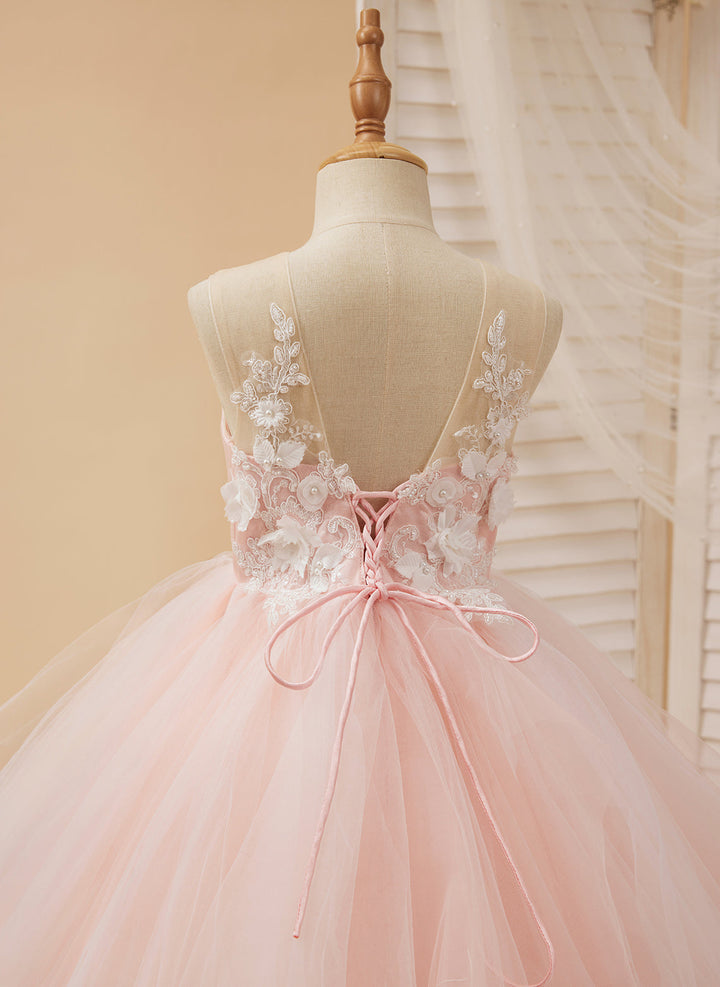 Ball-Gown/Princess Lace Tulle Floor-length Pink Dress