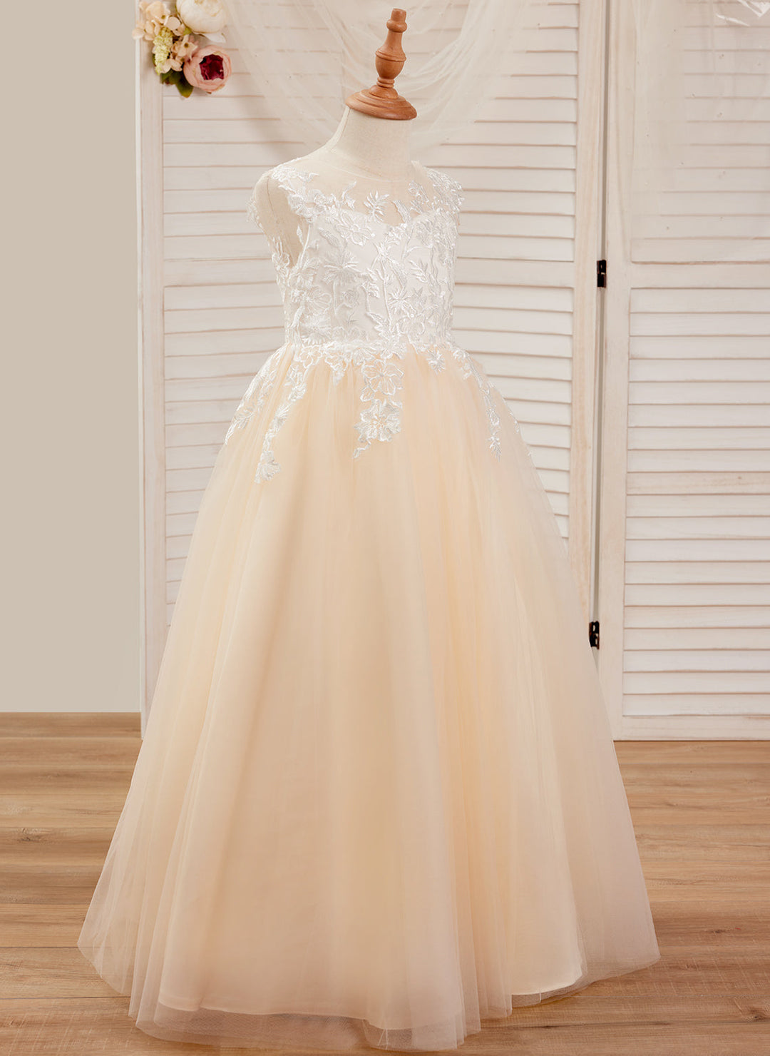 A-line Lace Tulle Floor-length Pink Dress