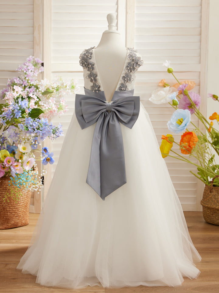 Ball-Gown/Princess 3d Flower Tulle Floor-length Ivory Flower Girl Dress