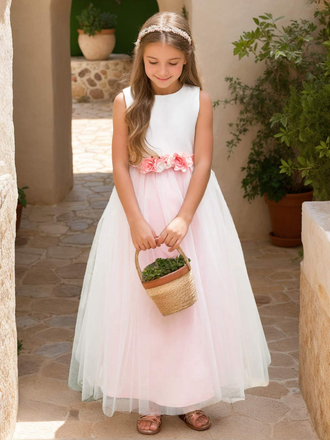 A-line 3D Flower Satin Tulle Ankle-length  Flower Girl Dress