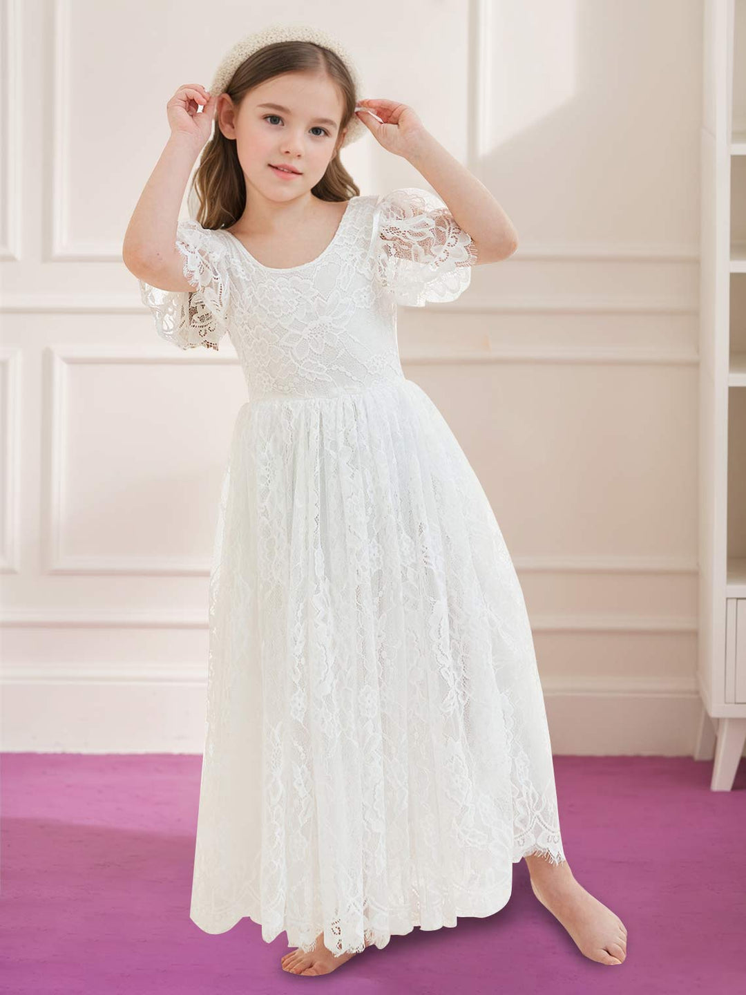 A-line Lace Ankle-length Ivory Boho Flower Girl Dress - Mondressy A-line Lace Ankle-length Ivory Boho Flower Girl Dress - Mondressy