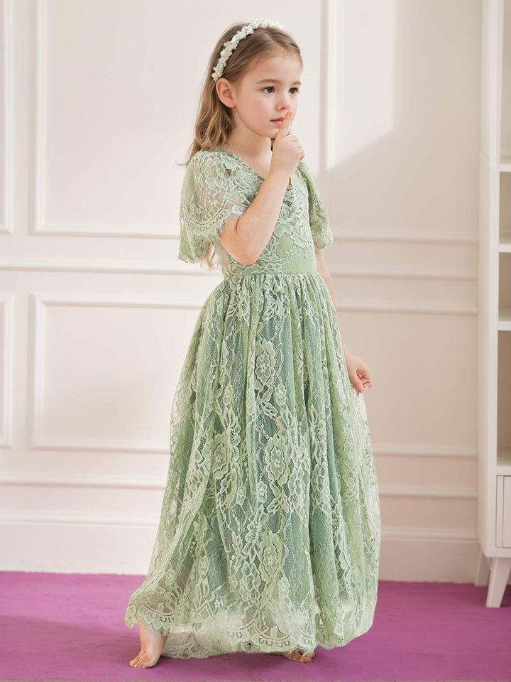 A-line Lace Ankle-length Ivory Boho Flower Girl Dress