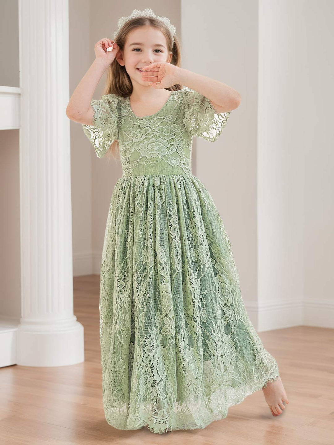 A-line Lace Ankle-length Ivory Boho Flower Girl Dress Sage A-line Lace Ankle-length Ivory Boho Flower Girl Dress Sage