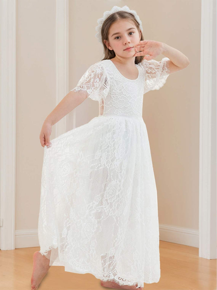 A-line Lace Ankle-length Ivory Boho Flower Girl Dress