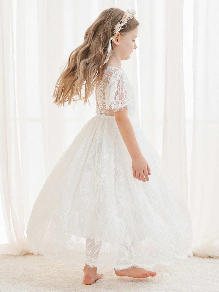 A-line Lace Ankle-length Ivory Boho Flower Girl Dress