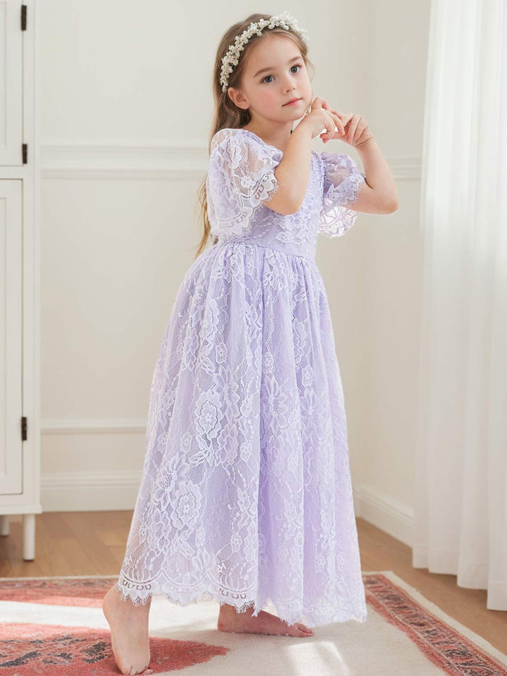 A-line Lace Ankle-length Ivory Boho Flower Girl Dress