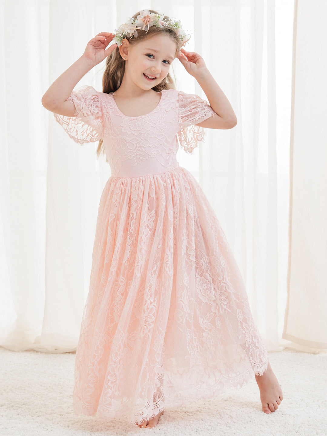 A-line Lace Ankle-length Ivory Boho Flower Girl Dress