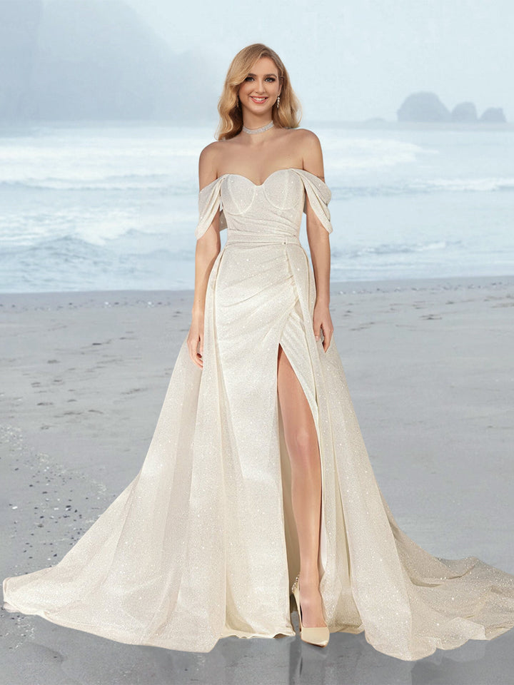 Sheath/Column Off-the-Shoulder Floor-Length Wedding Dress with Sequins & Split Side