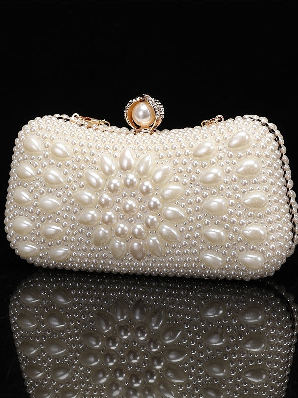 Polyester Solid Color Pearls Chain Clutch Bags