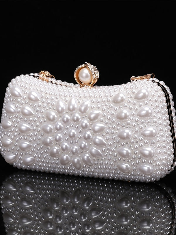 Polyester Solid Color Pearls Chain Clutch Bags