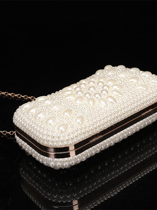 Polyester Solid Color Pearls Chain Clutch Bags