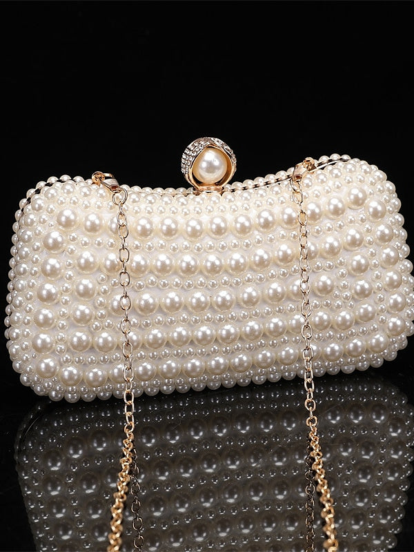 Polyester Solid Color Pearls Chain Clutch Bags