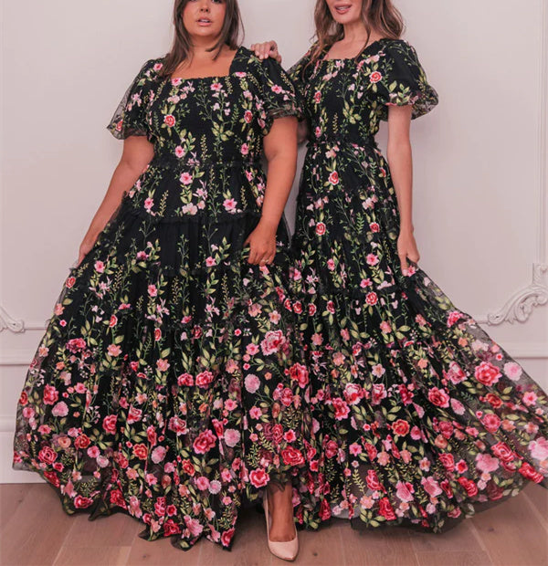Black Embroidery Prom Dresses 2026 Elegant A-Line/Princess V-Neck Short Sleeves Floral Formal Party Evening Ball Gowns With Flowers, Black Black Embroidery Prom Dresses 2026 Elegant A-Line/Princess V-Neck Short Sleeves Floral Formal Party Evening Ball Gowns With Flowers, Black