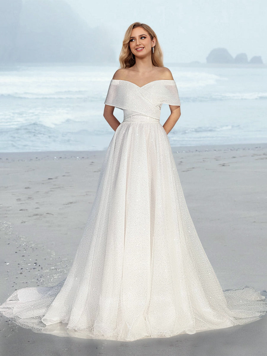 Off-the-Shoulder Bridal Dresses for Women Sparkly Sequins A-Line Short Sleeves Floor-Length Formal Wedding Guest Evening Gowns, Ivory