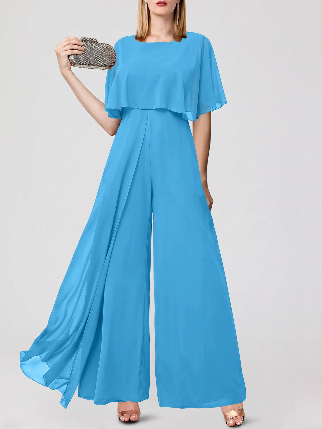 Jumpsuits Short Sleeves Jewel Neck Wedding Guest Dress with Fringe