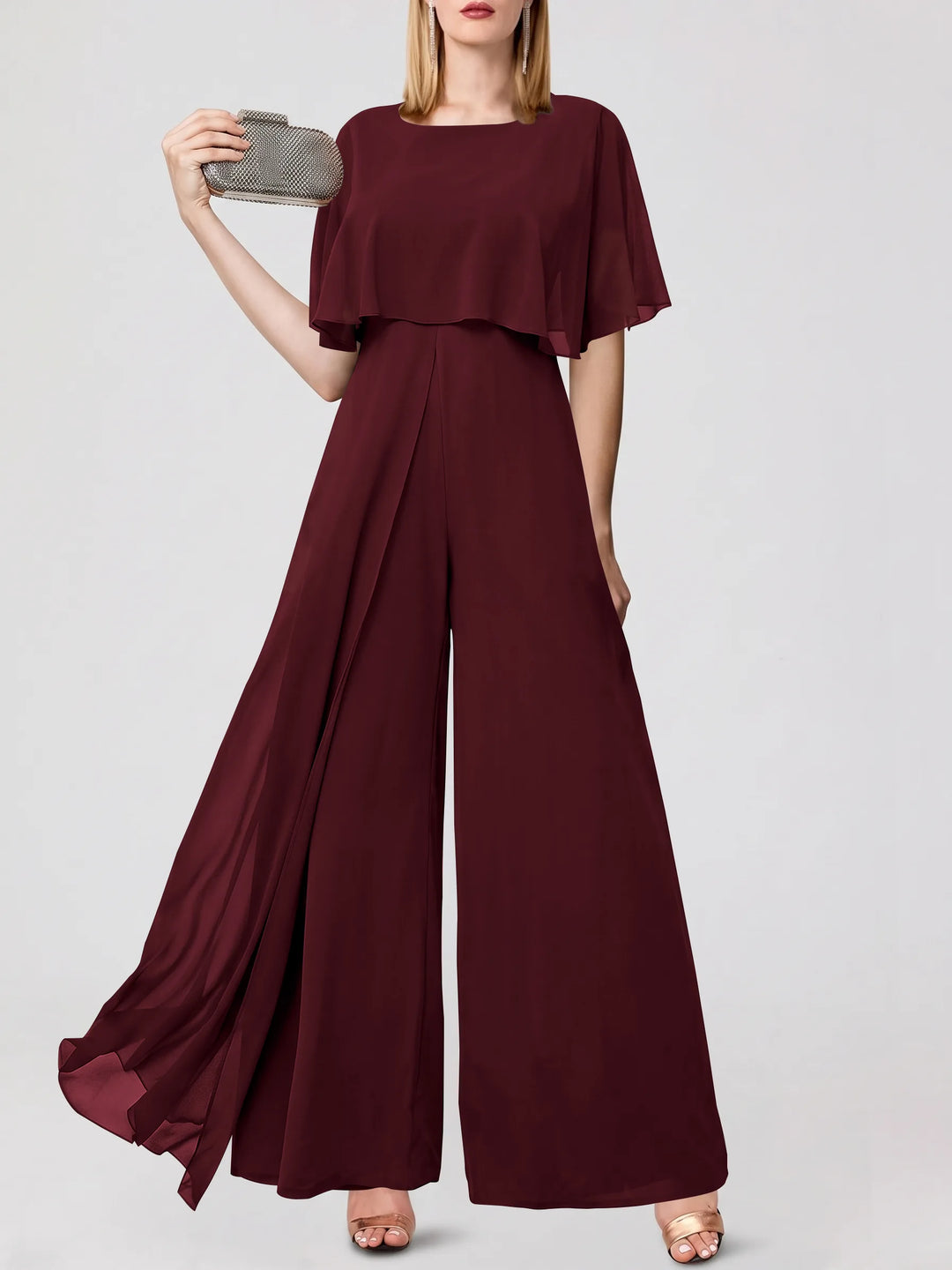 Jumpsuits Short Sleeves Jewel Neck Wedding Guest Dress with Fringe
