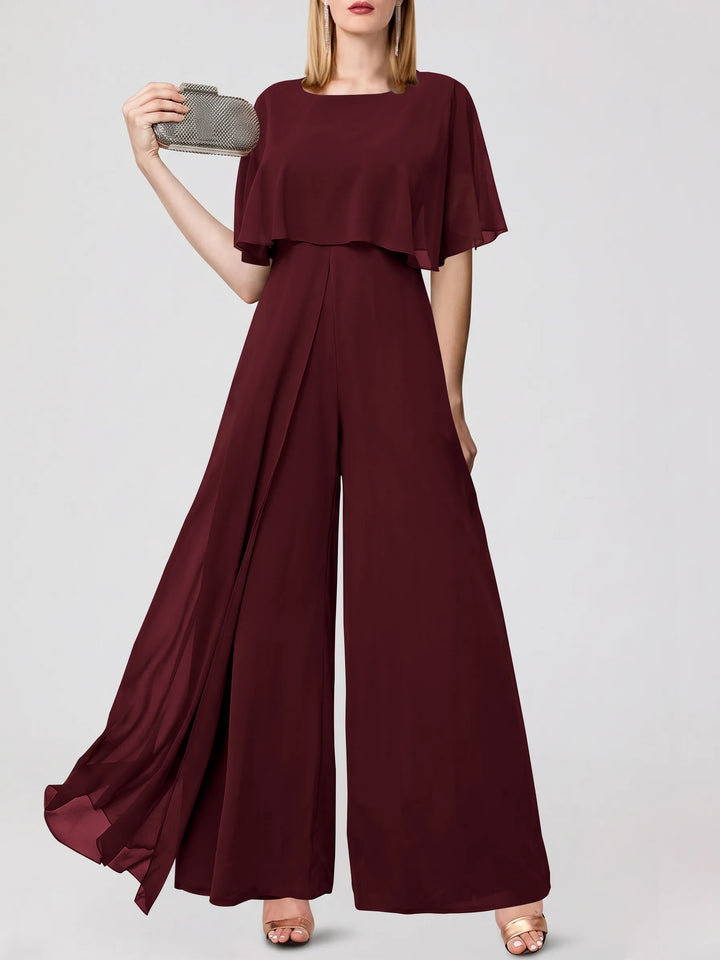 Jumpsuits Short Sleeves Jewel Neck Wedding Guest Dress with Fringe