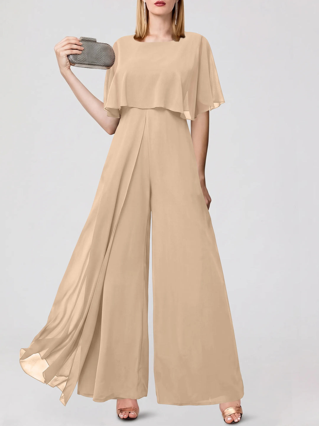 Jumpsuits Short Sleeves Jewel Neck Wedding Guest Dress with Fringe