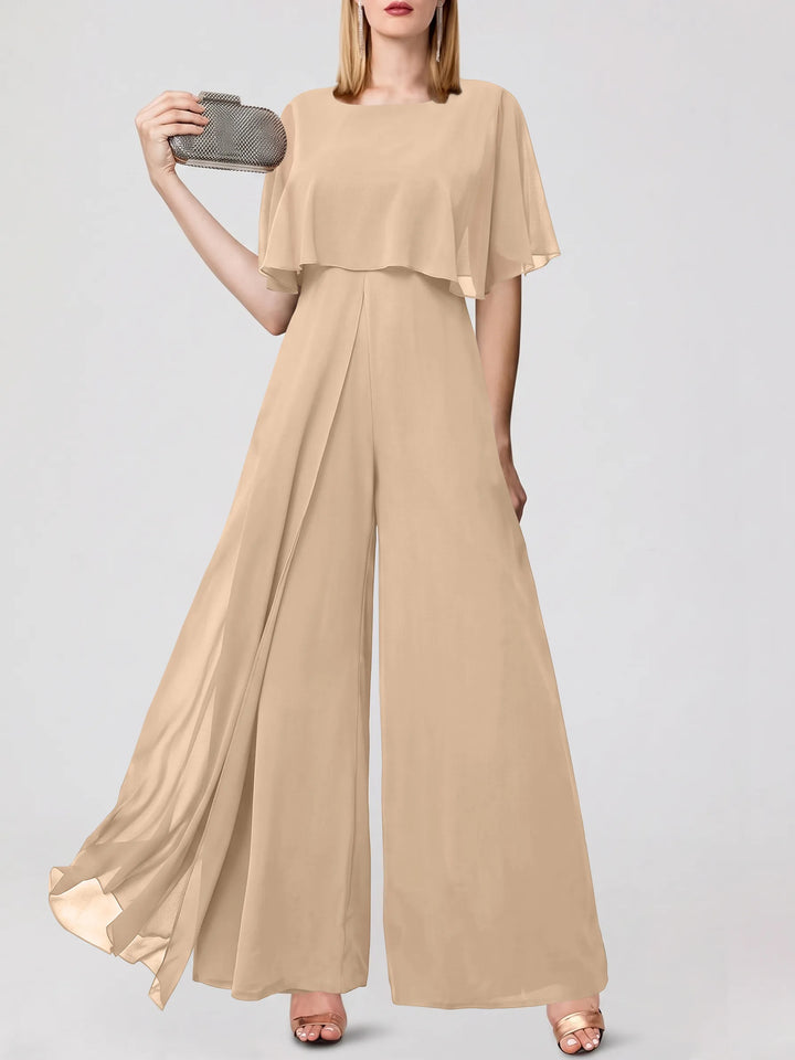 Jumpsuits Short Sleeves Jewel Neck Wedding Guest Dress with Fringe