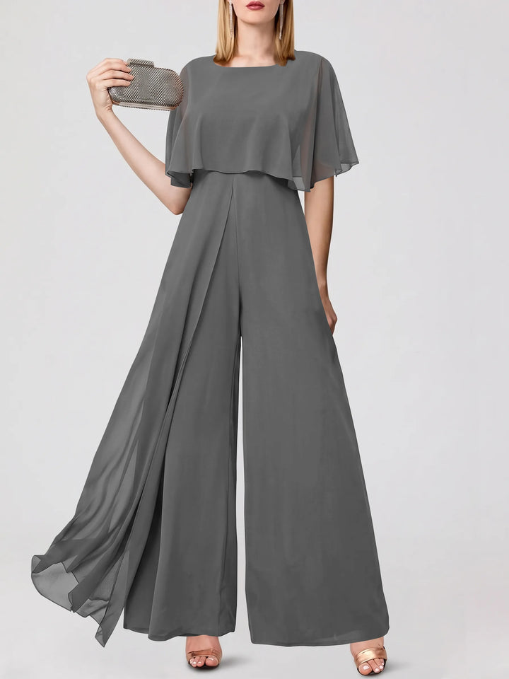 Jumpsuits Short Sleeves Jewel Neck Wedding Guest Dress with Fringe