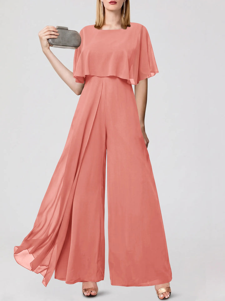 Jumpsuits Short Sleeves Jewel Neck Wedding Guest Dress with Fringe