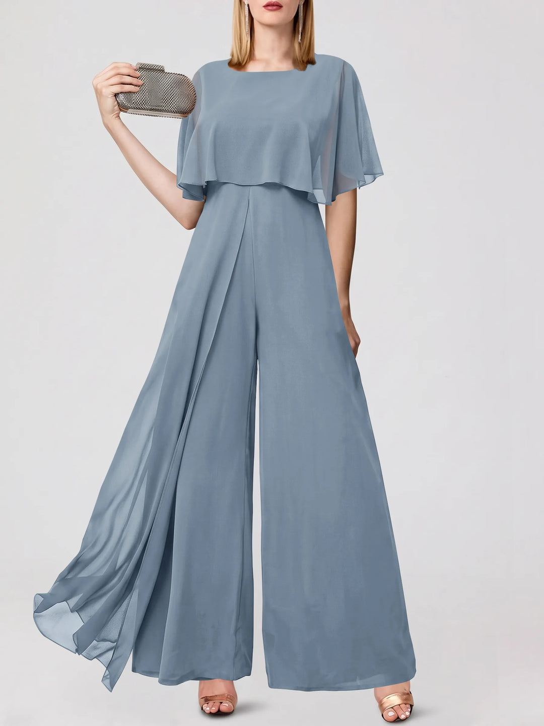 Jumpsuits Short Sleeves Jewel Neck Wedding Guest Dress with Fringe