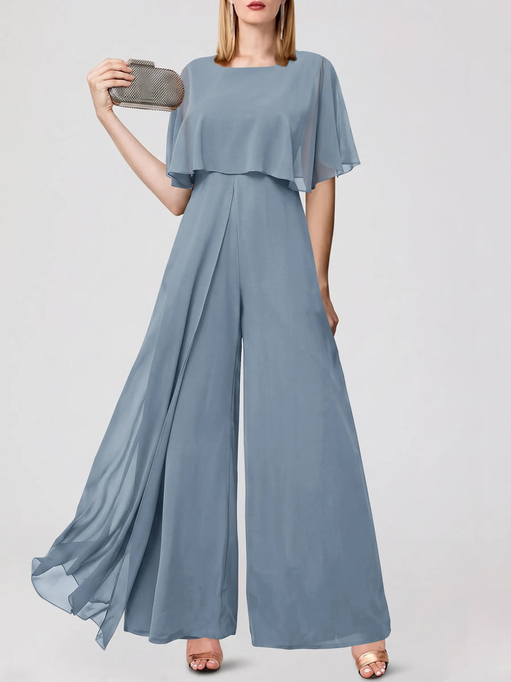 Jumpsuits Short Sleeves Jewel Neck Wedding Guest Dress with Fringe