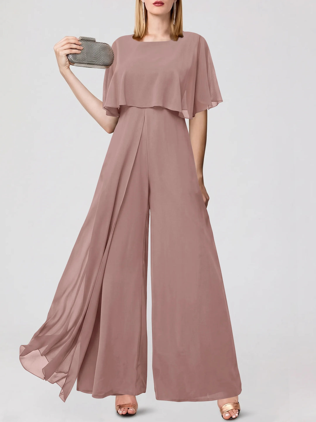 Jumpsuits Short Sleeves Jewel Neck Wedding Guest Dress with Fringe