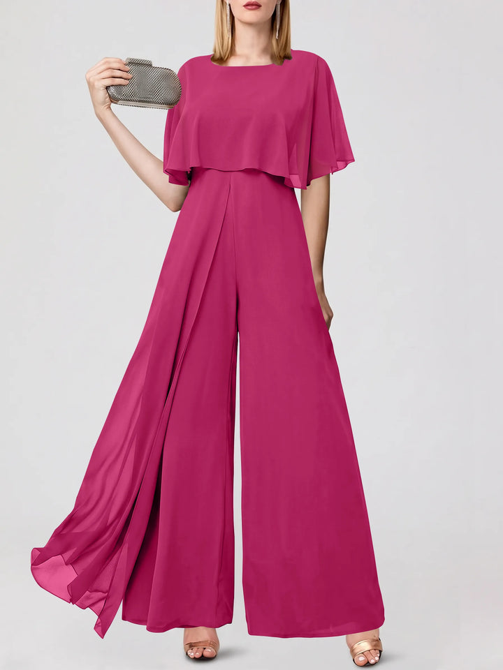 Jumpsuits Short Sleeves Jewel Neck Wedding Guest Dress with Fringe