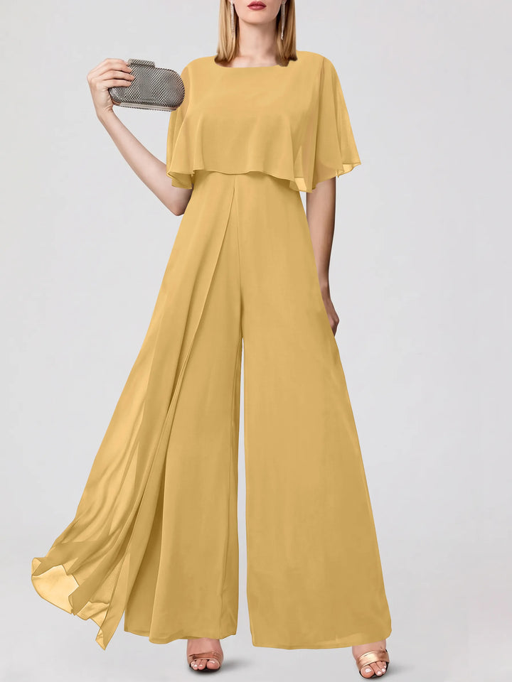 Jumpsuits Short Sleeves Jewel Neck Wedding Guest Dress with Fringe