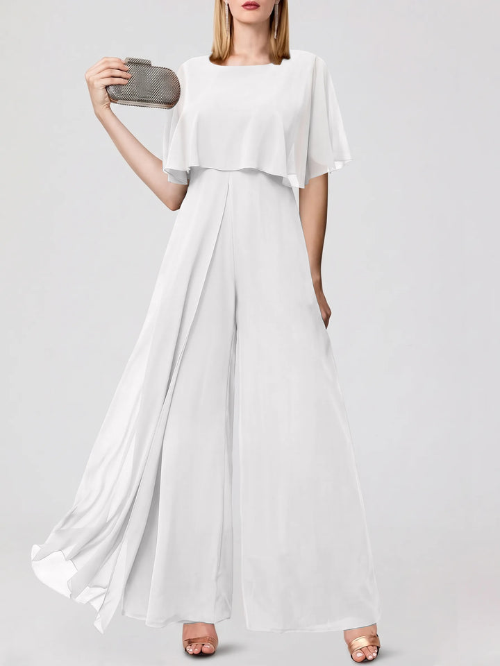 Jumpsuits Short Sleeves Jewel Neck Wedding Guest Dress with Fringe